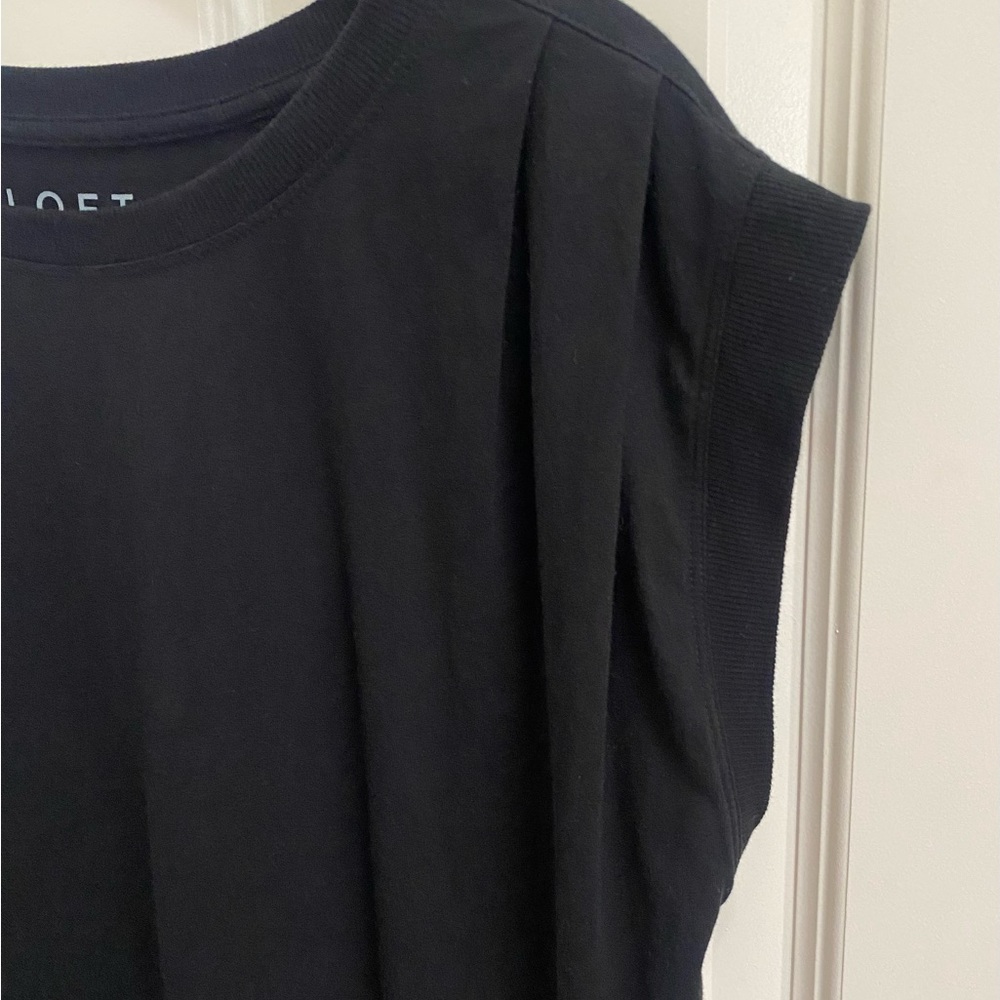 LOFT cap sleeve tee shirt with pleats at shoulder. Color is black in Size-Medium - Picture 3 of 5